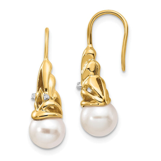 14k Yellow Gold Real Diamond and 7-8mm Round FW Cultured Pearl Dangle Earrings XE2504AA