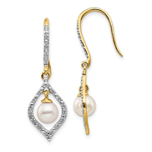 14k Yellow Gold 6-7mm White Round FWC Pearl .02ct. Real Diamond Dangle Earrings XE2506AA