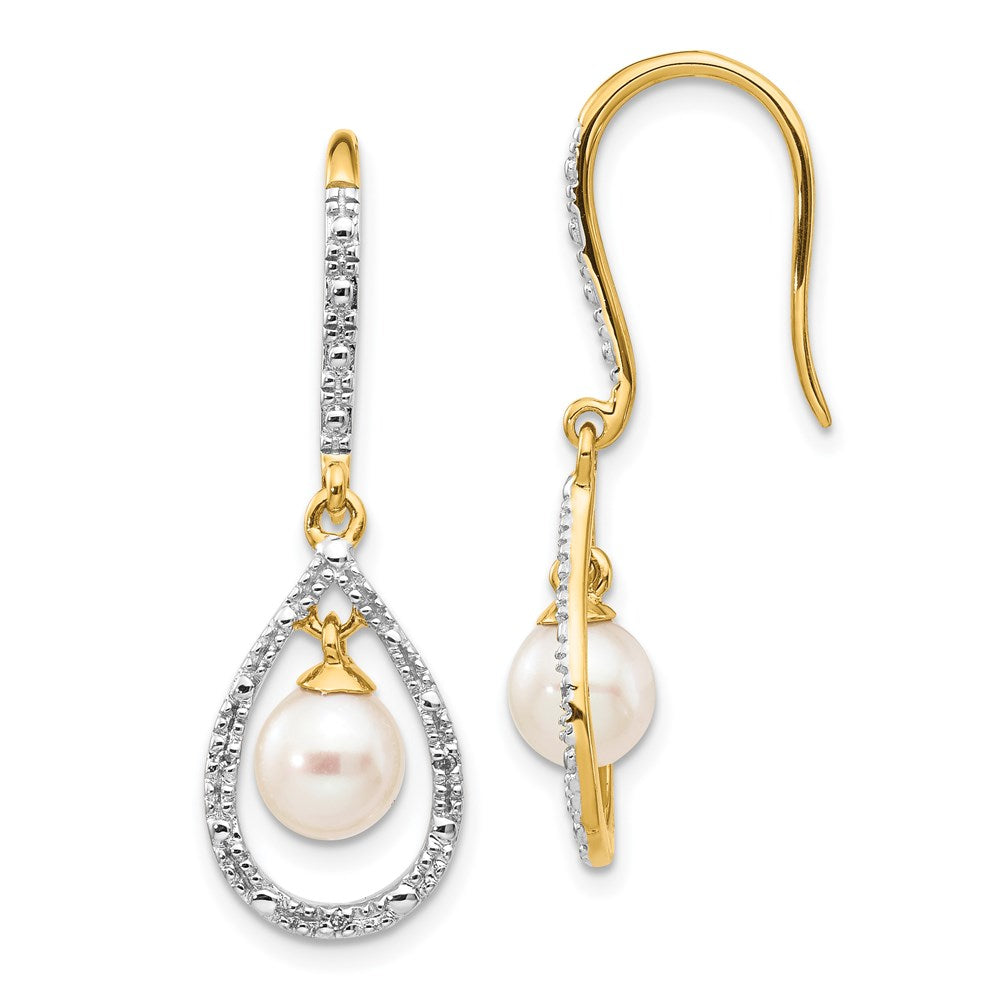 14k Yellow Gold 6-7mm White Round FWC Pearl .02ct. Real Diamond Dangle Earrings XE2507AA