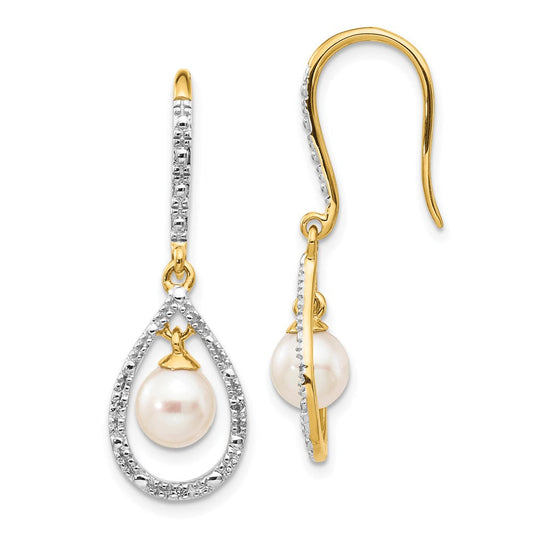 14k Yellow Gold 6-7mm White Round FWC Pearl .02ct. Real Diamond Dangle Earrings XE2507AA