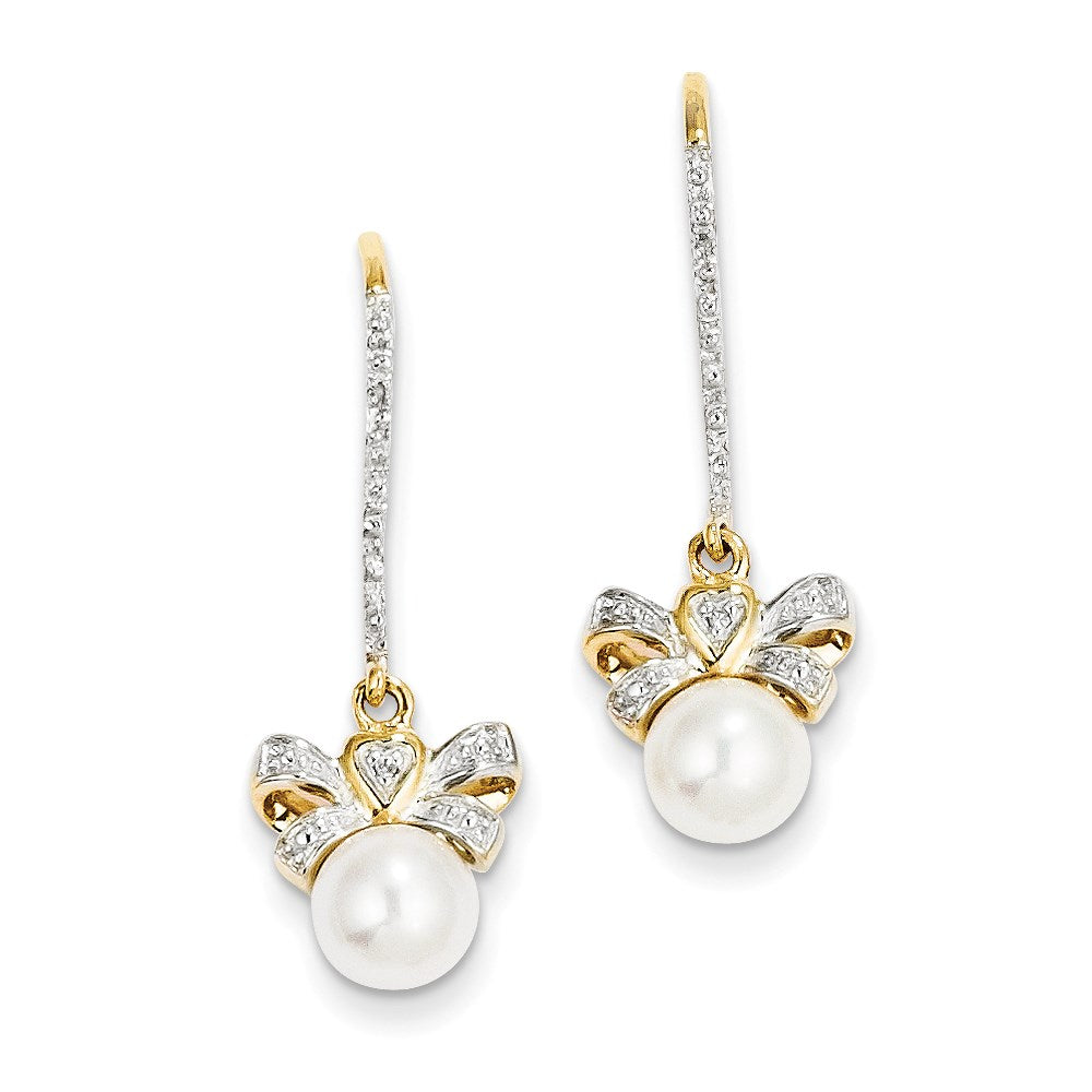 14k Yellow Gold Real Diamond and Freshwater Cultured Pearl Bow Dangle Earrings XE2508AA