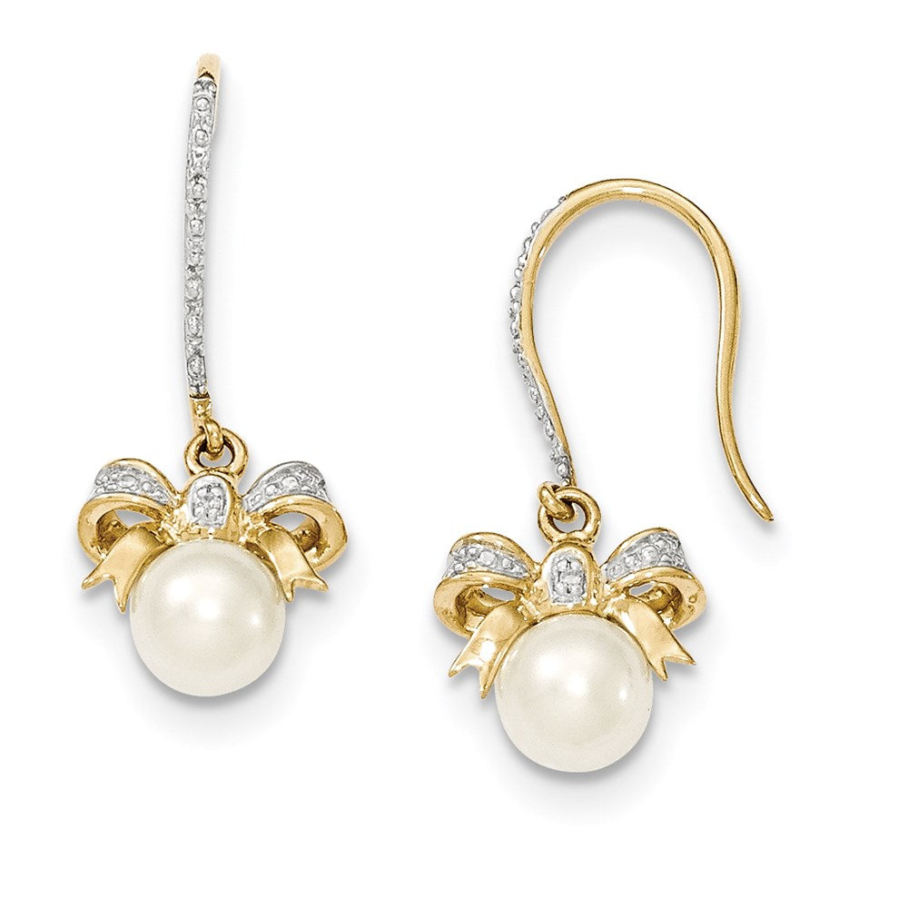 14k Yellow Gold Real Diamond and 7-8mm Round FW Cultured Pearl Bow Dangle Earrings XE2509AA