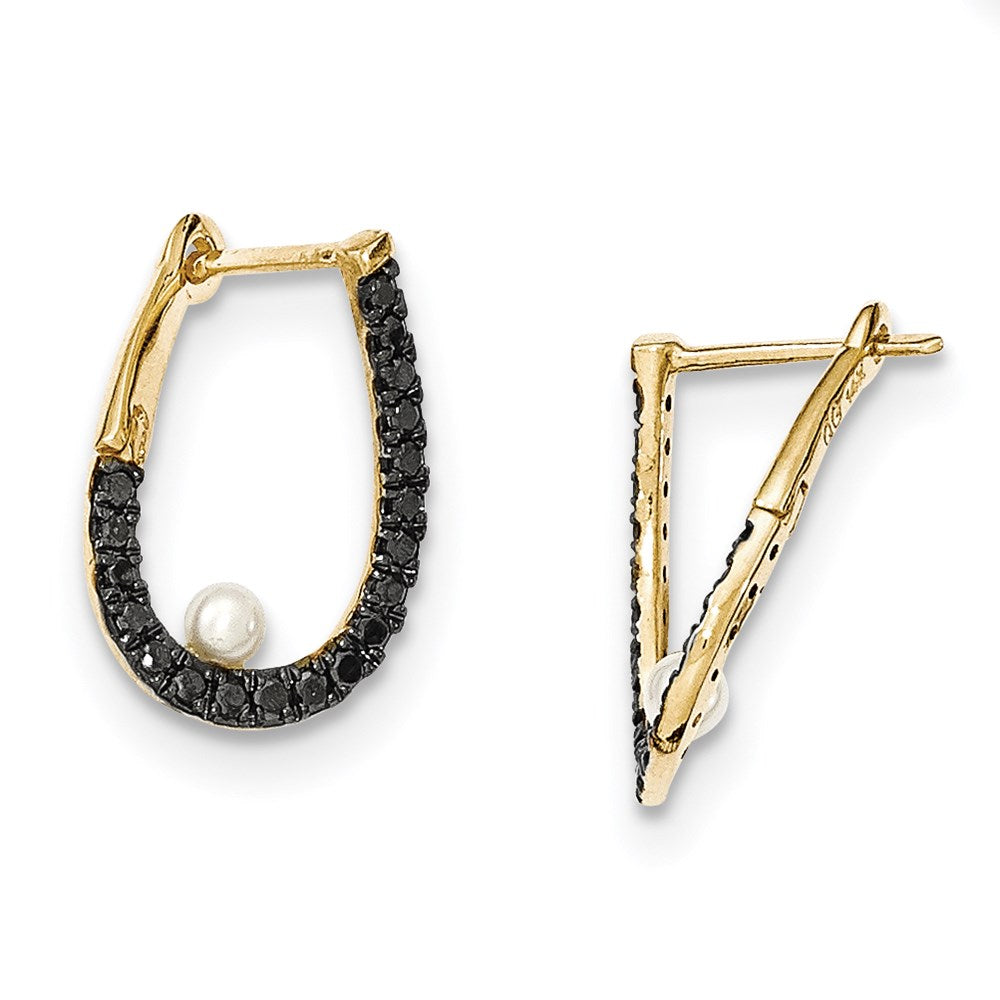 14k Yellow Gold Black Real Diamond and 3-4mm FW Cultured Pearl Hoop Earrings XE2511AA