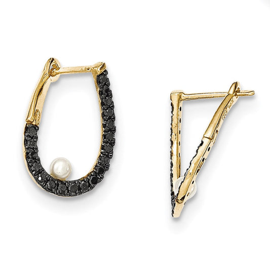 14k Yellow Gold Black Real Diamond and 3-4mm FW Cultured Pearl Hoop Earrings XE2511AA