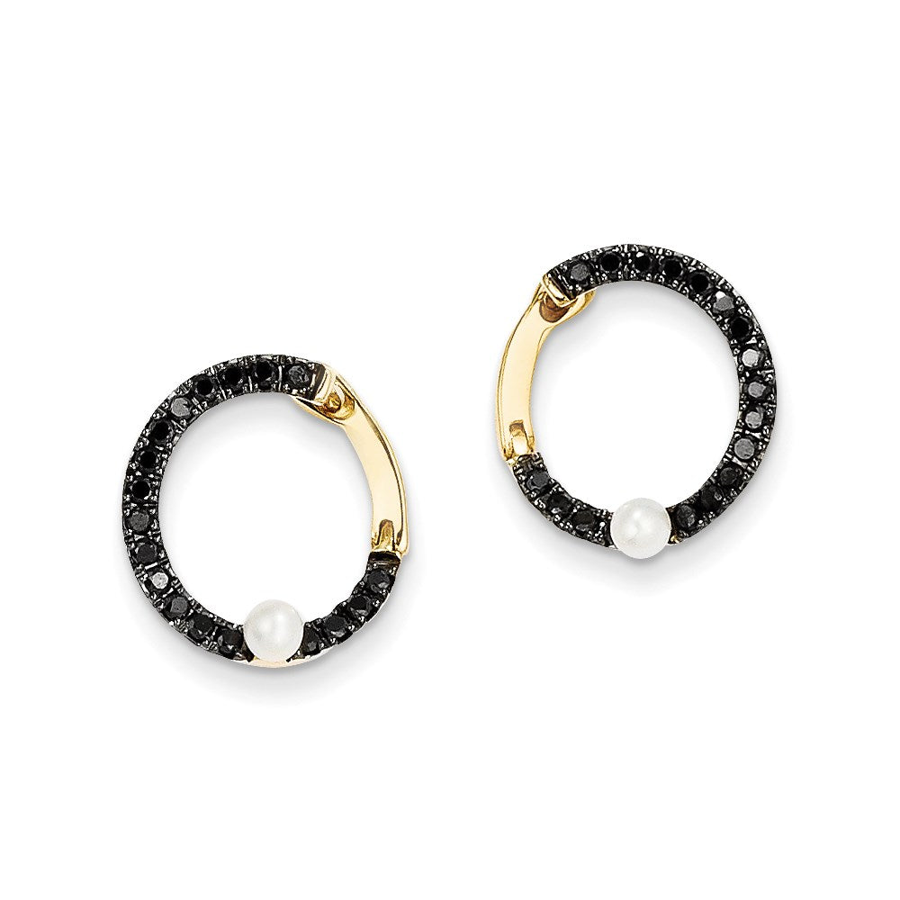 14k Yellow Gold Black Real Diamond and FW Cultured Pearl Hoop Earrings XE2512AA