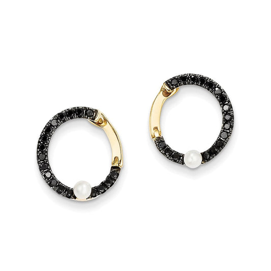 14k Yellow Gold Black Real Diamond and FW Cultured Pearl Hoop Earrings XE2512AA