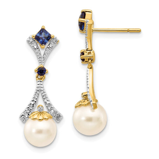 14k Yellow Gold 7-8mm FWC Pearl Created Sapphire Real Diamond Dangle Post Earrings XE2513AA