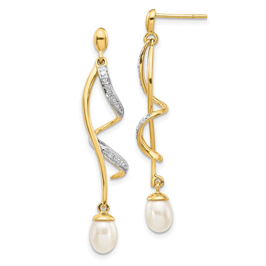 14k Yellow Gold 7x5mm White Teardrop FWC Pearl .01ct Real Diamond Dangle Earrings XE2514AA
