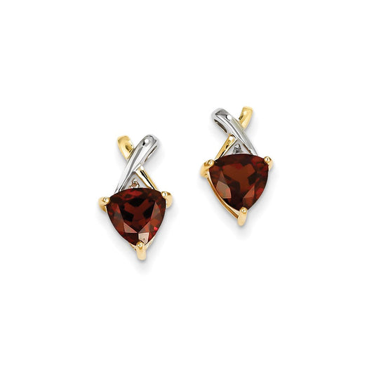 14k Yellow Gold & Rhodium Garnet and White Topaz Trillion Post Earrings XE2525GA