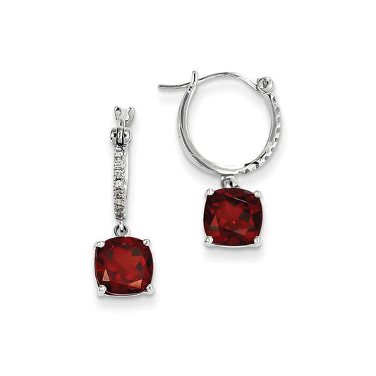 14k White Gold Real Diamond and Garnet Dangle Hoop Earrings XE2532GA/AA