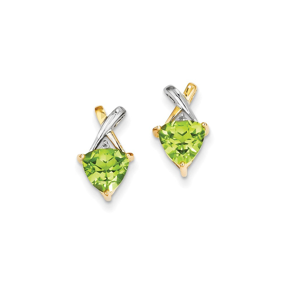 14k Yellow Gold & Rhodium Peridot and White Topaz Trillion Post Earrings XE2557PE