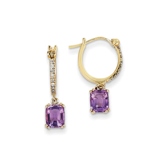 14k Yellow Gold Real Diamond & Amethyst Dangle Hoop Earrings XE2574AM/AA