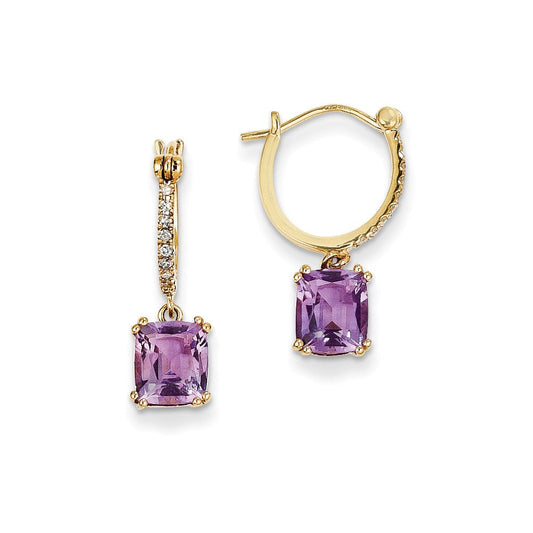 14k Yellow Gold Real Diamond & Amethyst Dangle Hoop Earrings XE2576AM/AA