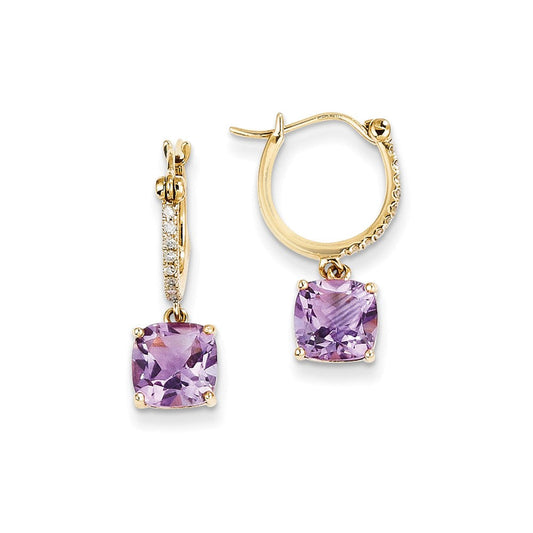 14k Yellow Gold Real Diamond & Amethyst Dangle Hoop Earrings XE2578AM/AA