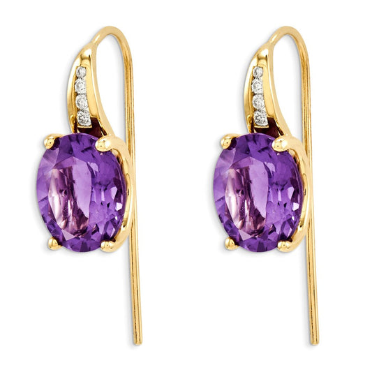 14k Yellow Gold Real Diamond & Amethyst Oval Dangle Earrings XE2582AM/AA
