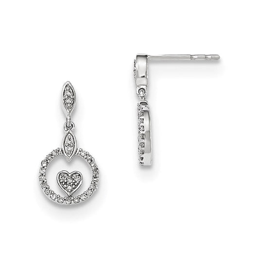 14kt W Gold Polished Circle w/Heart Real Diamond Post Dangle Earrings XE2651AA