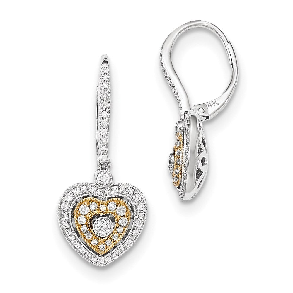 14k Yellow Gold Two-Tone Real Diamond Heart Leverback Dangle Earrings XE2690AA