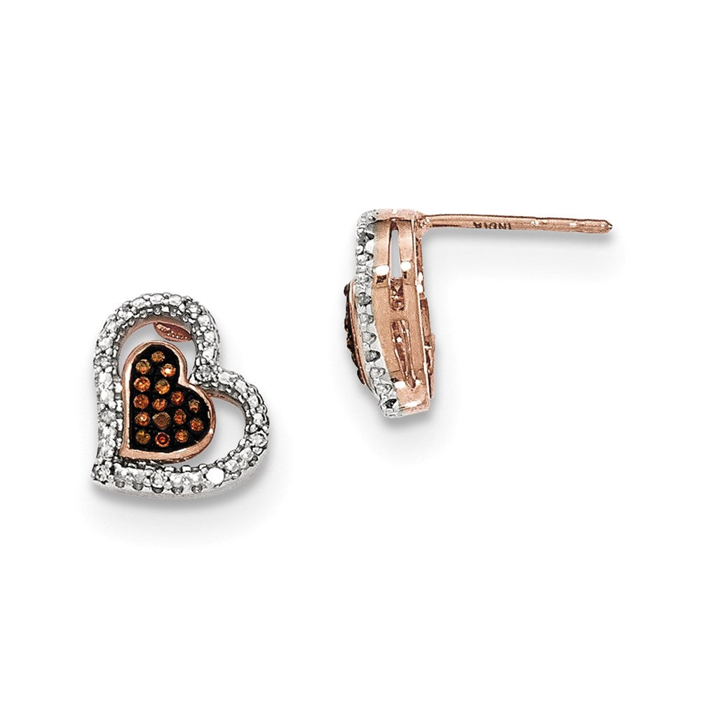 14K Rose Gold Brown and White Real Diamond Double Heart Post Earrings XE2717AA