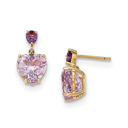 14k Yellow Gold Pink Quartz & Amethyst and Real Diamond Post Dangle Earrings XE2746AM/AA