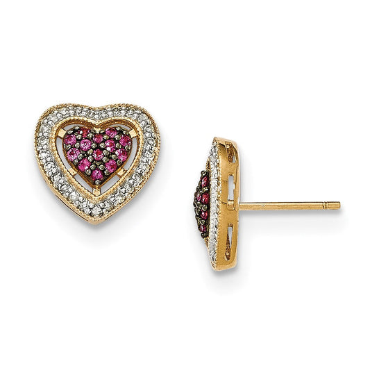 14k Yellow Gold Polished Real Diamond & Ruby Heart Post Earrings XE2747A