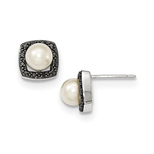 14k White Gold FW Cultured Pearl & Black Real Diamond Post Earrings XE2749P/AA