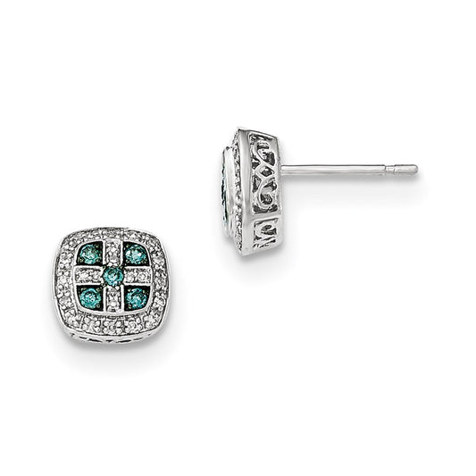 14k White Gold White and Blue Diamond Square Post Earrings