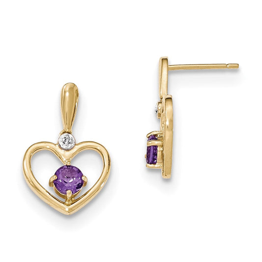 14k Yellow Gold Amethyst and Real Diamond Heart Post Dangle Earrings XE2819TZ/AA