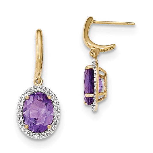 14k Yellow Gold Amethyst w/Real Diamond Halo Post Dangle Earrings XE2820AM/AA