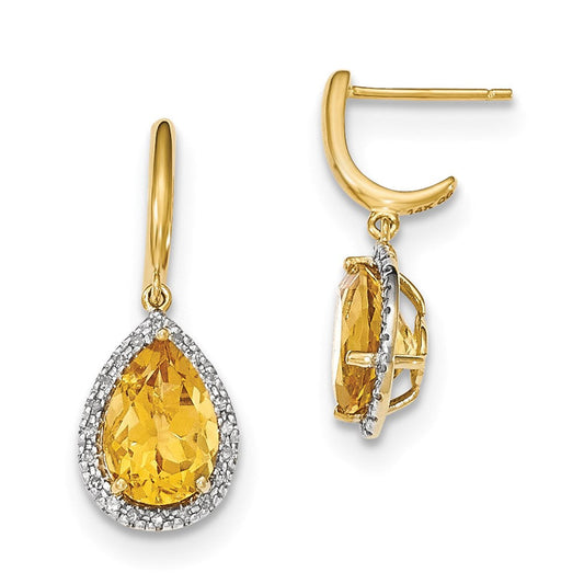 14k Yellow Gold Citrine w/Real Diamond Halo Post Dangle Earrings XE2835CI/AA