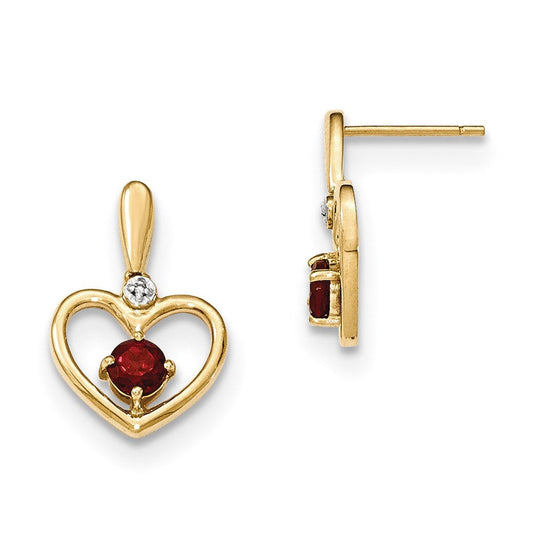 14k Yellow Gold Garnet and Real Diamond Heart Post Dangle Earrings XE2847GA/AA