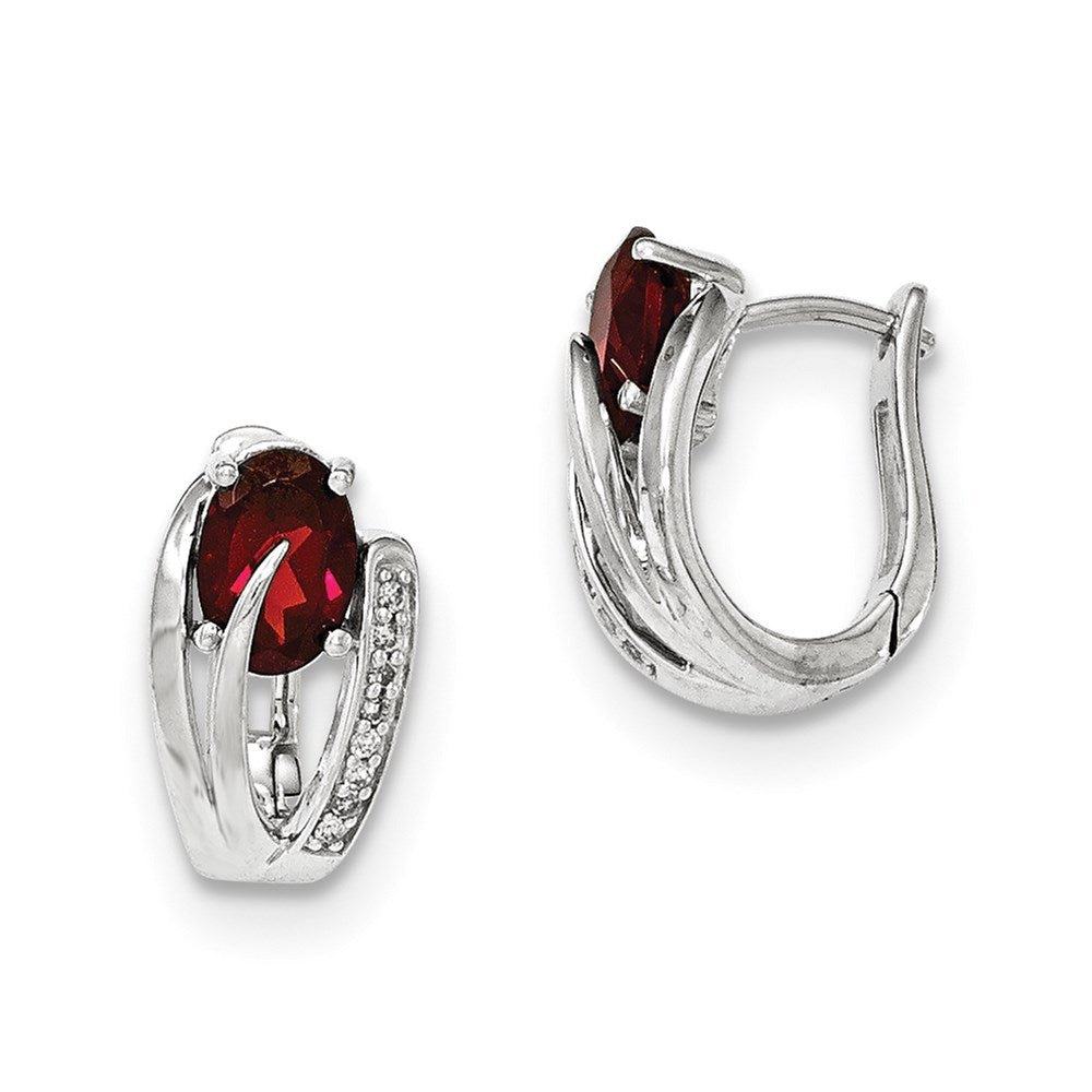 14K White Gold Real Diamond & Garnet Polished Hinged Hoop Earrings XE2853GA/AA