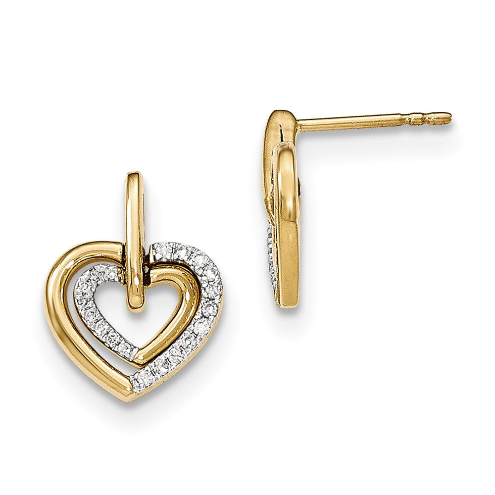 14k Yellow Gold Polished Real Diamond Heart w/heart Dangle Post Earrings XE2876AA