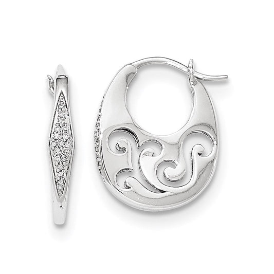 14k White Gold Real Diamond Cut-out design Oval Hoop Earrings XE2892AA