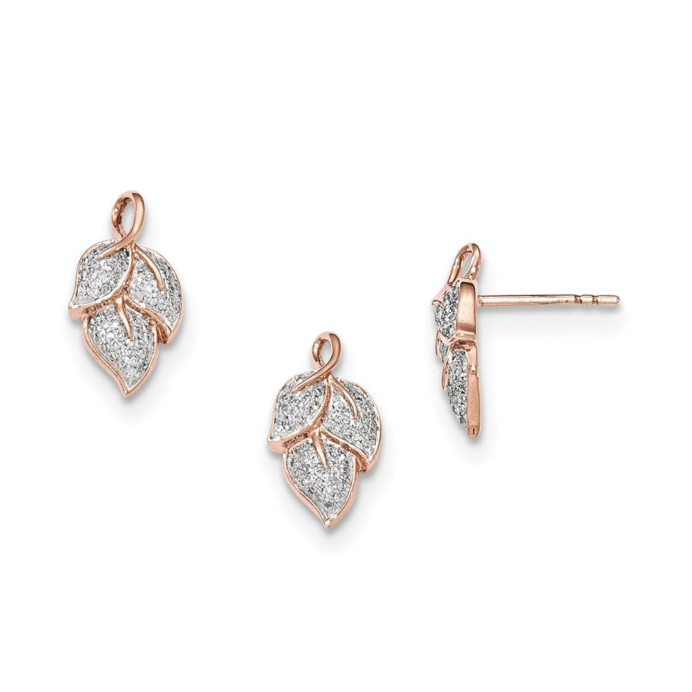 14k Rose Gold w/ Real Diamond Leaf Pendant and Post Earrings Set XE2906AA