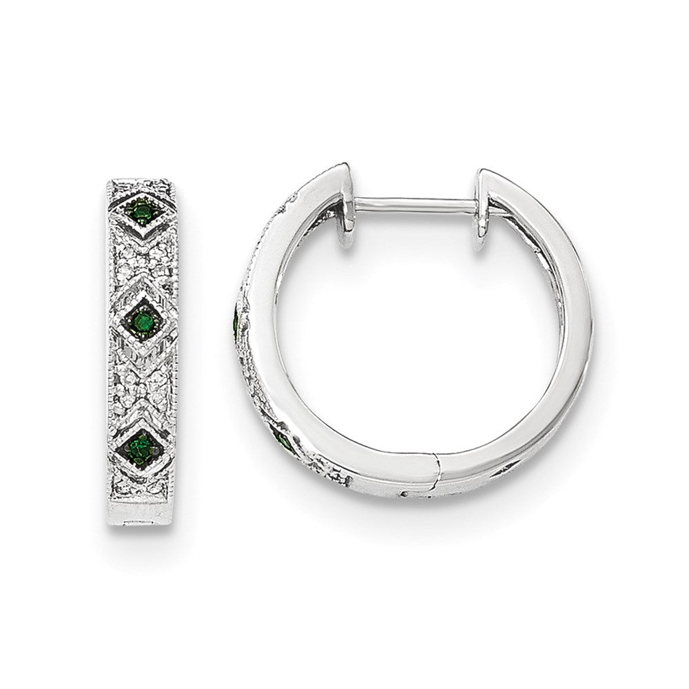 14K White Gold Green/White Real Diamond Hinged Hoop Earrings XE3013AA