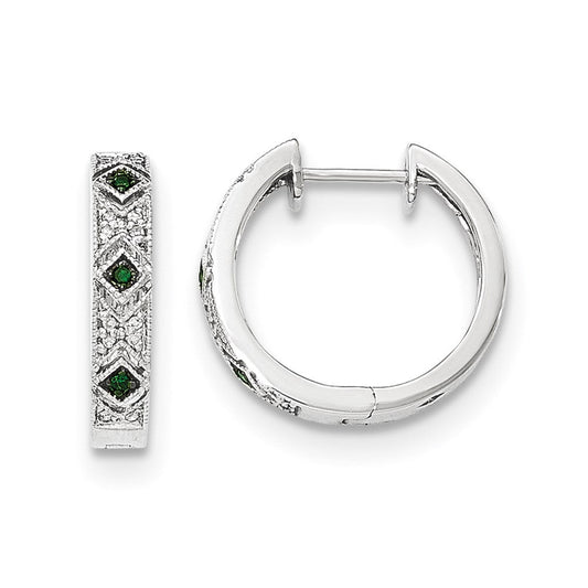 14K White Gold Green/White Real Diamond Hinged Hoop Earrings XE3013AA