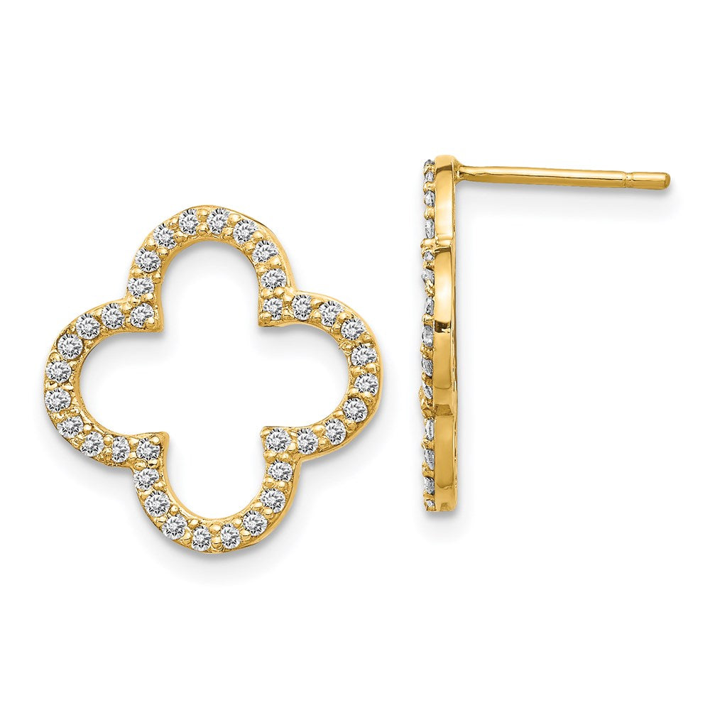 14k Yellow Gold Real Diamond Quatrefoil Design Post Earrings XE3076VS