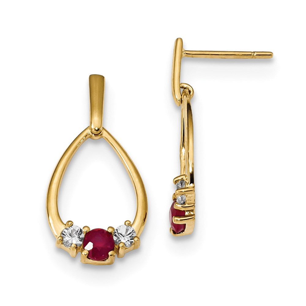 14k Yellow Gold w/ AF. Ruby & White Sapphire Post Dangle Earrings XE3095R/AA