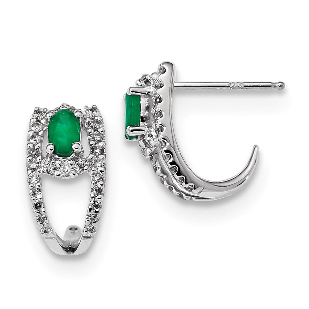 14k White Gold Real Diamond and Emerald Polished J Hoop Earrings XE3129E/AA
