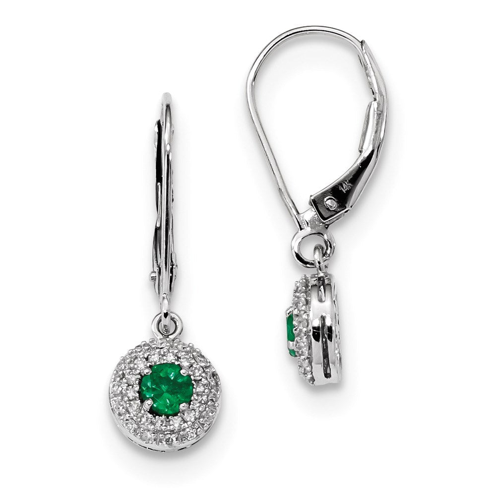 14k White Gold Real Diamond Halo Emerald Leverback Dangle Earrings XE3131E/AA