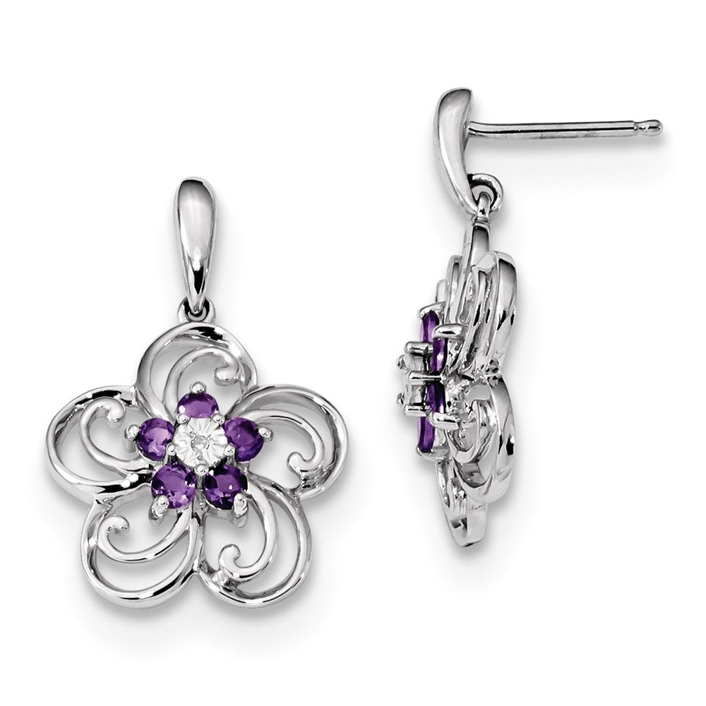 14k White Gold Real Diamond & Amethyst Flower Dangle Post Earrings XE3146AM/AA
