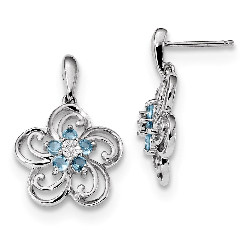 14k White Gold Real Diamond & Blue Topaz Flower Dangle Post Earrings XE3148BT/AA