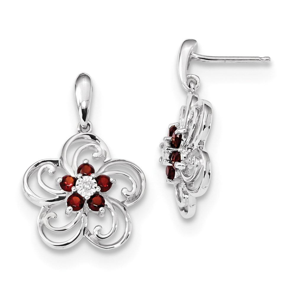 14k White Gold Real Diamond & Garnet Flower Dangle Post Earrings XE3153GA/AA