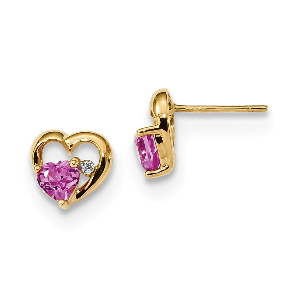 14k Yellow Gold w/ Created Pink Sapphire & Real Diamond Post Heart Earrings XE3160PS/AA