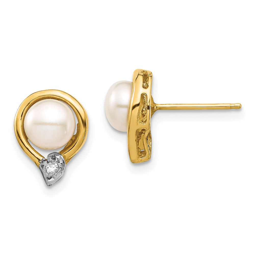 14k Yellow Gold 5-6mm White Button FW Cultured Pearl .02ct Real Diamond Post Earrings XE3234AA
