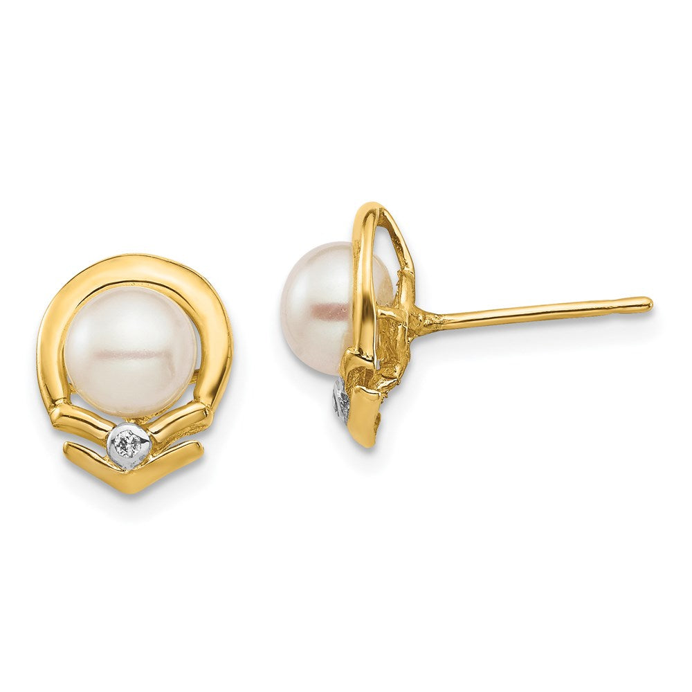 14k Yellow Gold 5-6mm White Button FW Cultured Pearl .02ct Real Diamond Post Earrings XE3235AA