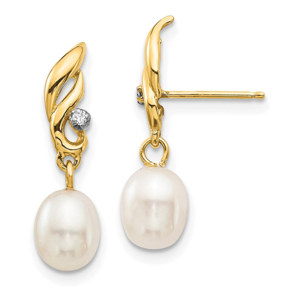 14k Yellow Gold 5-6mm White Rice FW Cultured Pearl .02ct Real Diamond Dangle Earrings XE3236AA