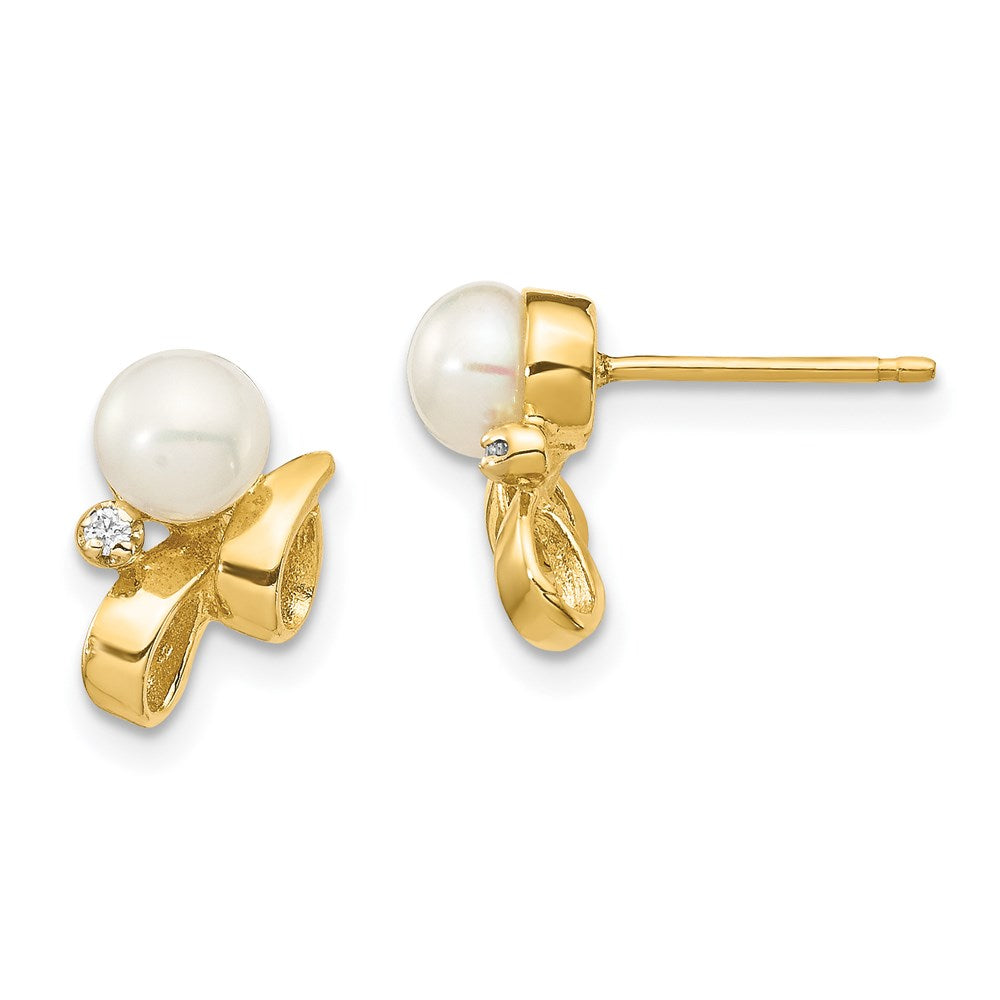 14k Yellow Gold 4-5mm White Button FW Cultured Pearl .02ct Real Diamond Post Earrings XE3237AA