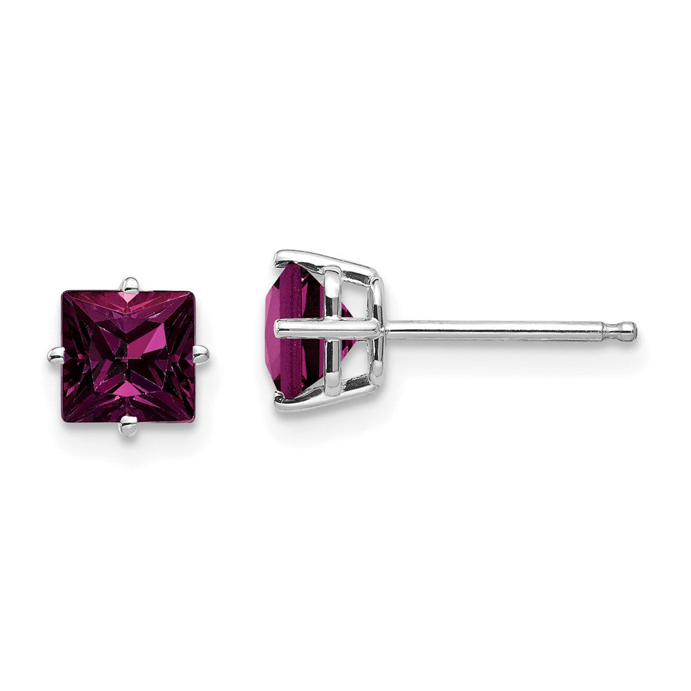 14k White Gold Rhodolite Garnet 5mm Princess Stud Earrings