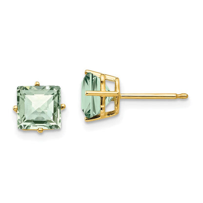 14k Yellow Gold 6mm Square Checker-Cut Green Quartz Earrings XE62CG